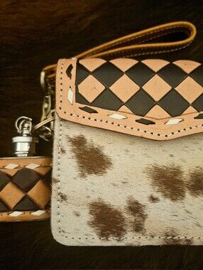 Cowhide & Checkered Leather Wristlet Wallet W/ 1oz mini Flask - Brown/Tan